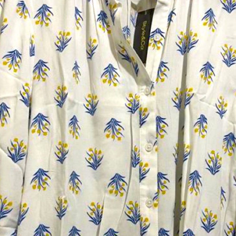 White Blouse Cheerful Blue Yellow Floral Tulip Bouquet Print XL NEW Long Sleeves - Picture 8 of 9